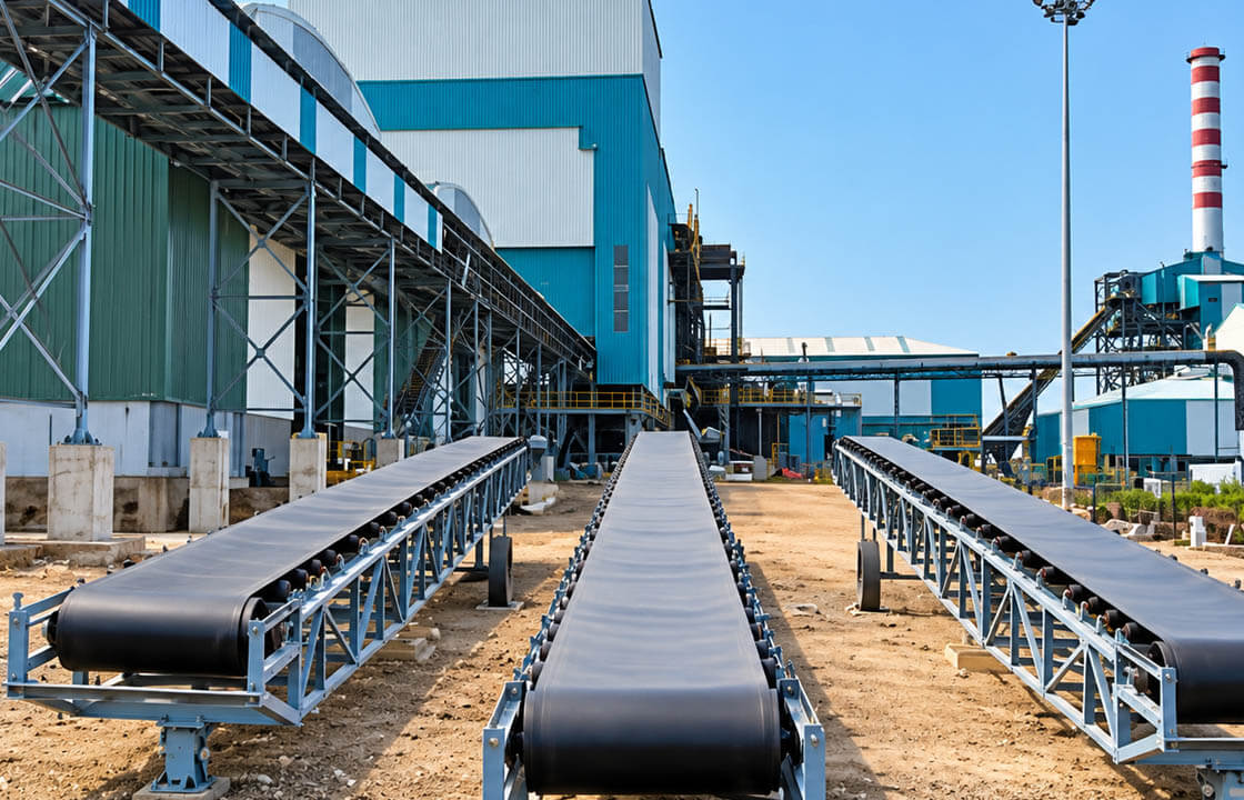 Silo bag stitching conveyor with geared motor and slat belt